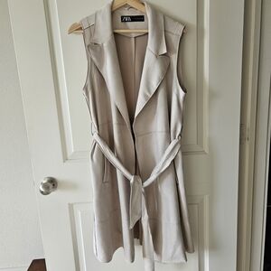 Zara Faux Suede Light Tan Long Belted Sleeveless Vest